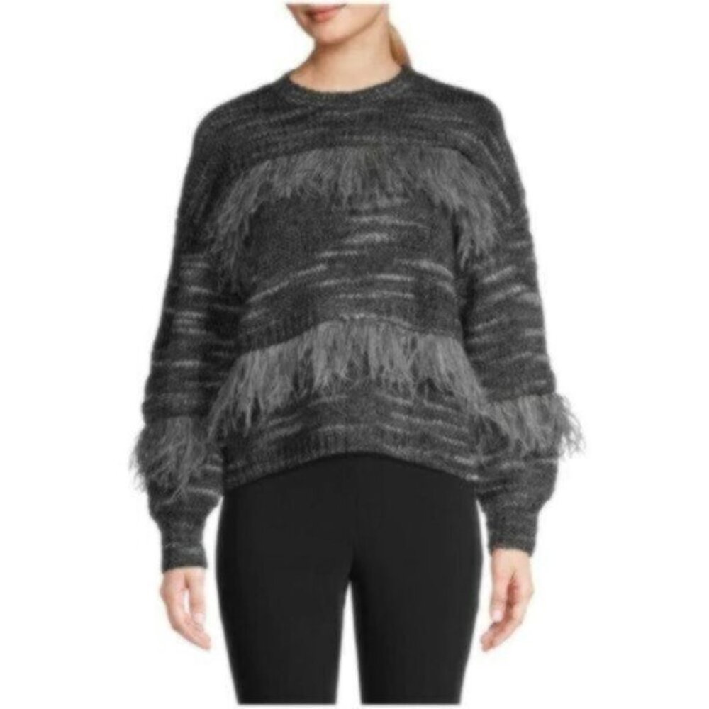 NWT CINQ À SEPT Ostrich Feather Grey Dressy Sweater Medium